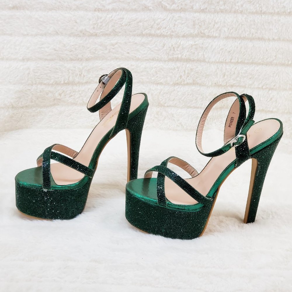 Bejeweled Pandora Emerald Green Sparkling Rhinestone Platform 6.5" Heels Sh…
